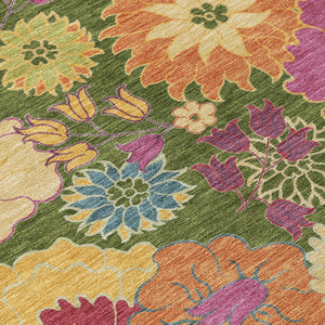 HomeRoots 8' X 10' Durable Artichoke Green Floral Area Rug - Washable, Stain-Resistant for Indoor & Outdoor Use 658042