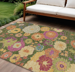 HomeRoots 9' X 12' Floral Area Rug in Artichoke Green and Pink - Durable, Washable for Indoor & Outdoor Use 658043