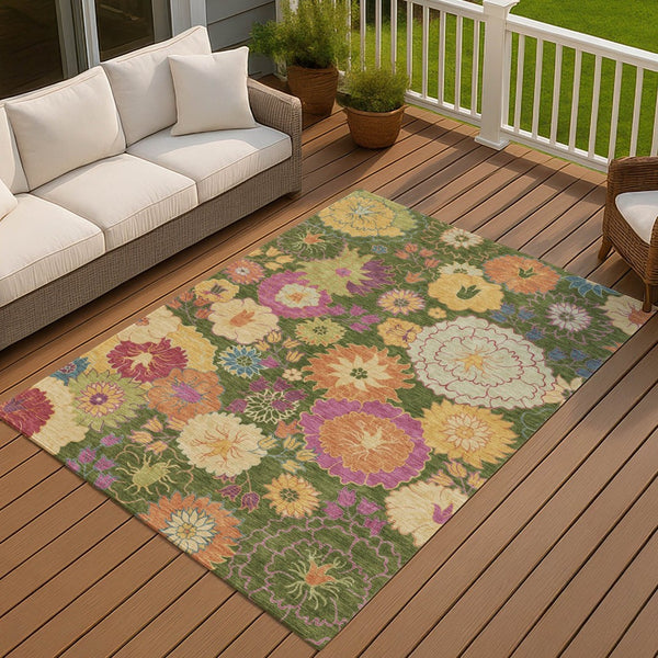 HomeRoots 9' X 12' Floral Area Rug in Artichoke Green and Pink - Durable, Washable for Indoor & Outdoor Use 658043