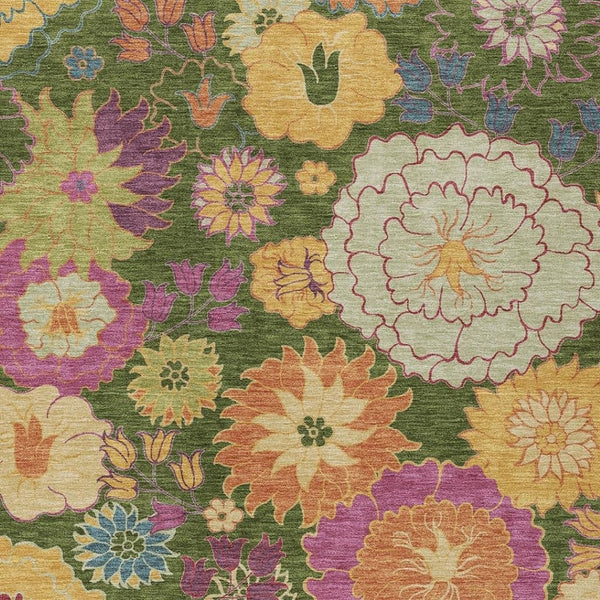 HomeRoots 9' X 12' Floral Area Rug in Artichoke Green and Pink - Durable, Washable for Indoor & Outdoor Use 658043