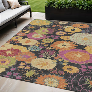 HomeRoots 5' Black Gold Pink Floral Area Rug - Washable Indoor Outdoor Durable Design for Home & Patio Decor 658046