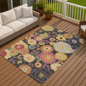 HomeRoots 5' Black Gold Pink Floral Area Rug - Washable Indoor Outdoor Durable Design for Home & Patio Decor 658046