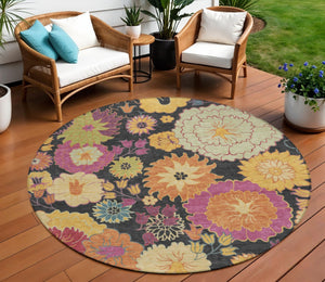 HomeRoots 8' Stunning Black, Gold & Pink Floral Washable Round Area Rug for Indoor/Outdoor Elegance & Durability 658047