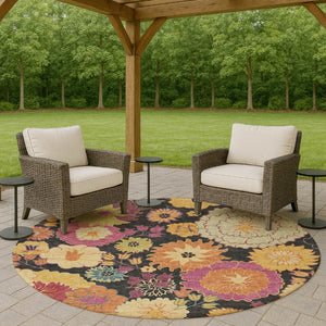 HomeRoots 8' Stunning Black, Gold & Pink Floral Washable Round Area Rug for Indoor/Outdoor Elegance & Durability 658047