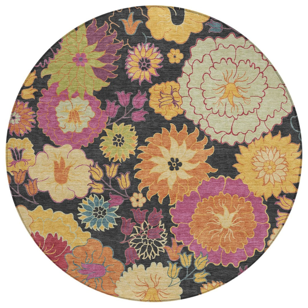 HomeRoots 8' Stunning Black, Gold & Pink Floral Washable Round Area Rug for Indoor/Outdoor Elegance & Durability 658047
