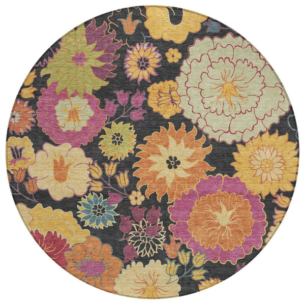 HomeRoots 8' Stunning Black, Gold & Pink Floral Washable Round Area Rug for Indoor/Outdoor Elegance & Durability 658047