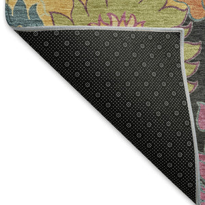 HomeRoots 8' Stunning Black, Gold & Pink Floral Washable Round Area Rug for Indoor/Outdoor Elegance & Durability 658047