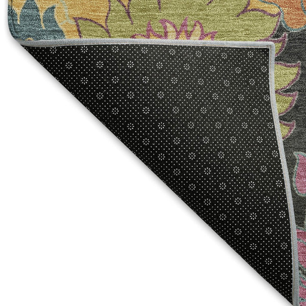 HomeRoots 8' Stunning Black, Gold & Pink Floral Washable Round Area Rug for Indoor/Outdoor Elegance & Durability 658047