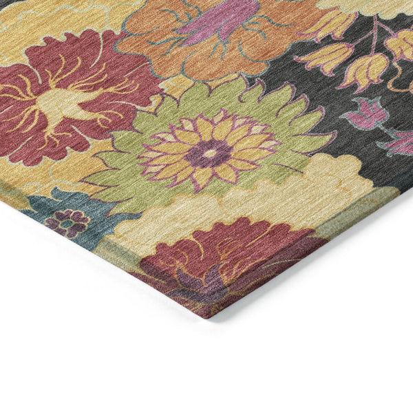 HomeRoots 8' Stunning Black, Gold & Pink Floral Washable Round Area Rug for Indoor/Outdoor Elegance & Durability 658047