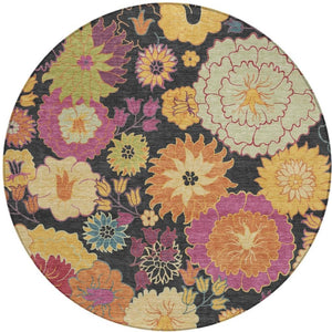 HomeRoots 8' Stunning Black, Gold & Pink Floral Washable Round Area Rug for Indoor/Outdoor Elegance & Durability 658047
