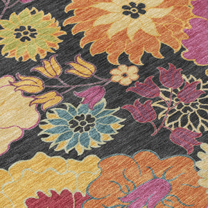 HomeRoots 8' Stunning Black, Gold & Pink Floral Washable Round Area Rug for Indoor/Outdoor Elegance & Durability 658047