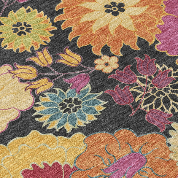 HomeRoots 8' Stunning Black, Gold & Pink Floral Washable Round Area Rug for Indoor/Outdoor Elegance & Durability 658047