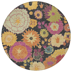 HomeRoots 8' Stunning Black, Gold & Pink Floral Washable Round Area Rug for Indoor/Outdoor Elegance & Durability 658047