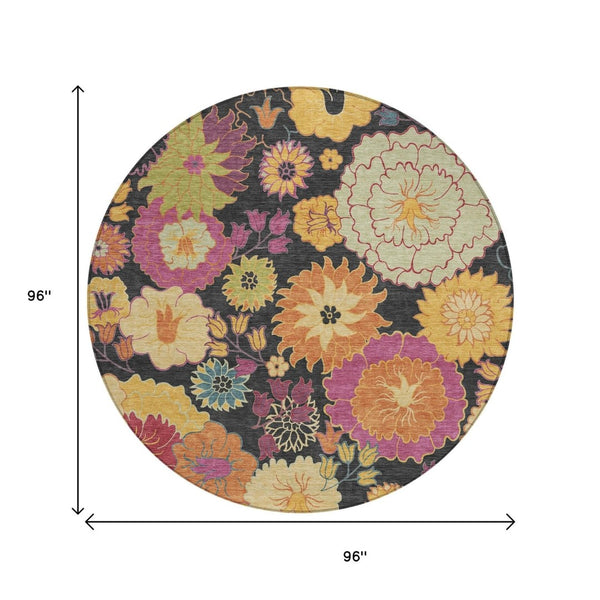 HomeRoots 8' Stunning Black, Gold & Pink Floral Washable Round Area Rug for Indoor/Outdoor Elegance & Durability 658047