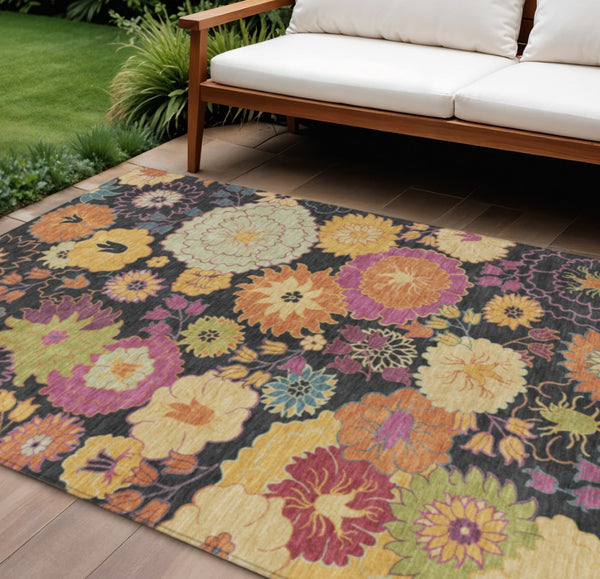 HomeRoots 8' X 10' Elegant Black Gold Pink Floral Area Rug - Durable Indoor/Outdoor, Machine Washable, Stylish Decor 658048