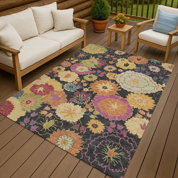 HomeRoots 9' X 12' Black Gold and Pink Floral Area Rug - Durable, Washable Design for Indoor & Outdoor Spaces 658049