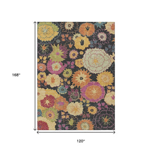 HomeRoots 10' X 14' Floral Area Rug in Black, Gold & Pink - Durable, Washable for Indoor/Outdoor Elegance 658050