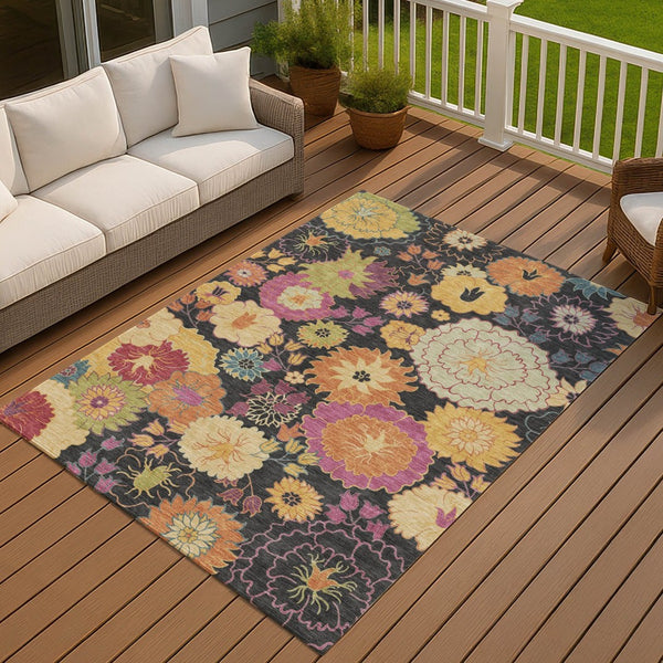 HomeRoots 10' X 14' Floral Area Rug in Black, Gold & Pink - Durable, Washable for Indoor/Outdoor Elegance 658050