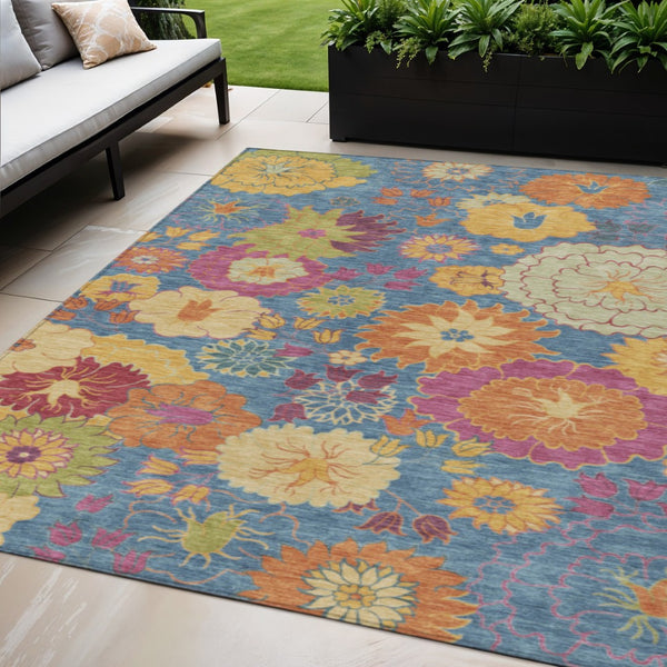 HomeRoots 5' Vibrant Floral Area Rug in Blue, Gold & Pink - Durable, Washable for Indoor & Outdoor Use! 658052