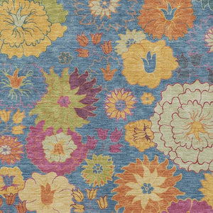 HomeRoots 5' Vibrant Floral Area Rug in Blue, Gold & Pink - Durable, Washable for Indoor & Outdoor Use! 658052