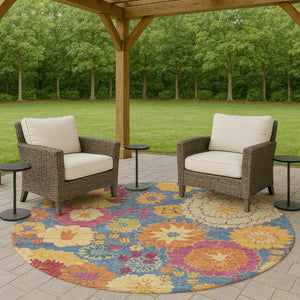 HomeRoots 8' Round Floral Washable Rug - Vibrant Blue, Gold & Pink Design for Indoor and Outdoor Spaces 658053