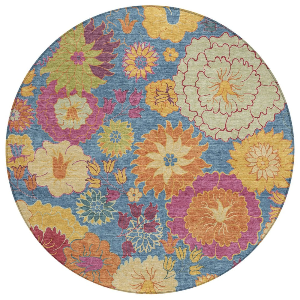 HomeRoots 8' Round Floral Washable Rug - Vibrant Blue, Gold & Pink Design for Indoor and Outdoor Spaces 658053