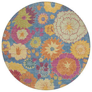 HomeRoots 8' Round Floral Washable Rug - Vibrant Blue, Gold & Pink Design for Indoor and Outdoor Spaces 658053