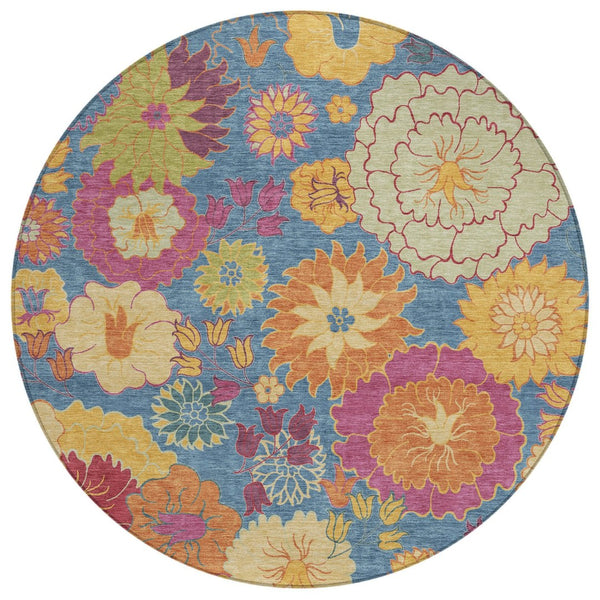 HomeRoots 8' Round Floral Washable Rug - Vibrant Blue, Gold & Pink Design for Indoor and Outdoor Spaces 658053