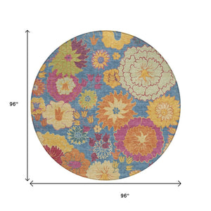 HomeRoots 8' Round Floral Washable Rug - Vibrant Blue, Gold & Pink Design for Indoor and Outdoor Spaces 658053