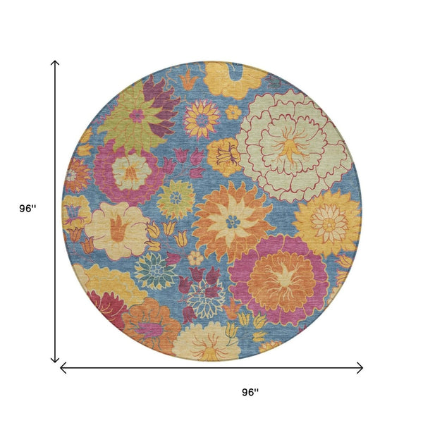 HomeRoots 8' Round Floral Washable Rug - Vibrant Blue, Gold & Pink Design for Indoor and Outdoor Spaces 658053
