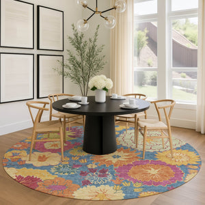 HomeRoots 8' Round Floral Washable Rug - Vibrant Blue, Gold & Pink Design for Indoor and Outdoor Spaces 658053
