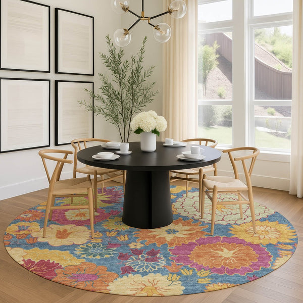 HomeRoots 8' Round Floral Washable Rug - Vibrant Blue, Gold & Pink Design for Indoor and Outdoor Spaces 658053