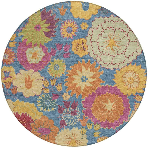 HomeRoots 8' Round Floral Washable Rug - Vibrant Blue, Gold & Pink Design for Indoor and Outdoor Spaces 658053