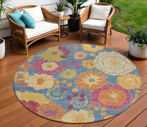 HomeRoots 8' Round Floral Washable Rug - Vibrant Blue, Gold & Pink Design for Indoor and Outdoor Spaces 658053