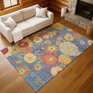 HomeRoots 8' Vibrant Blue, Gold & Pink Floral Washable Area Rug - Perfect for Indoor & Outdoor Spaces! 658054