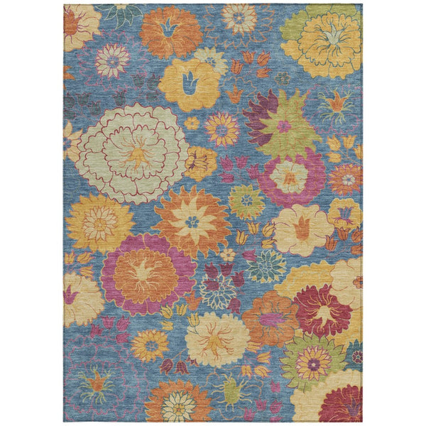 HomeRoots 9' Floral Area Rug in Blue, Gold & Pink - Washable, Heavy-Duty Indoor/Outdoor Design for Versatile Use 658055