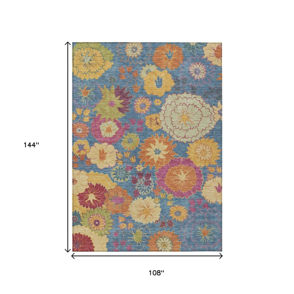 HomeRoots 9' Floral Area Rug in Blue, Gold & Pink - Washable, Heavy-Duty Indoor/Outdoor Design for Versatile Use 658055