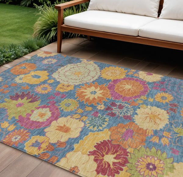 HomeRoots 9' Floral Area Rug in Blue, Gold & Pink - Washable, Heavy-Duty Indoor/Outdoor Design for Versatile Use 658055