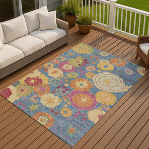 HomeRoots 9' Floral Area Rug in Blue, Gold & Pink - Washable, Heavy-Duty Indoor/Outdoor Design for Versatile Use 658055