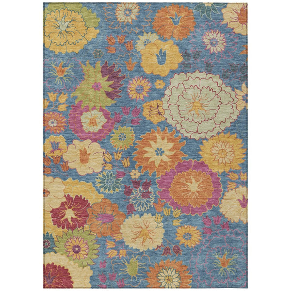 HomeRoots 9' Floral Area Rug in Blue, Gold & Pink - Washable, Heavy-Duty Indoor/Outdoor Design for Versatile Use 658055