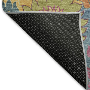HomeRoots 9' Floral Area Rug in Blue, Gold & Pink - Washable, Heavy-Duty Indoor/Outdoor Design for Versatile Use 658055