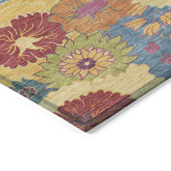 HomeRoots 9' Floral Area Rug in Blue, Gold & Pink - Washable, Heavy-Duty Indoor/Outdoor Design for Versatile Use 658055