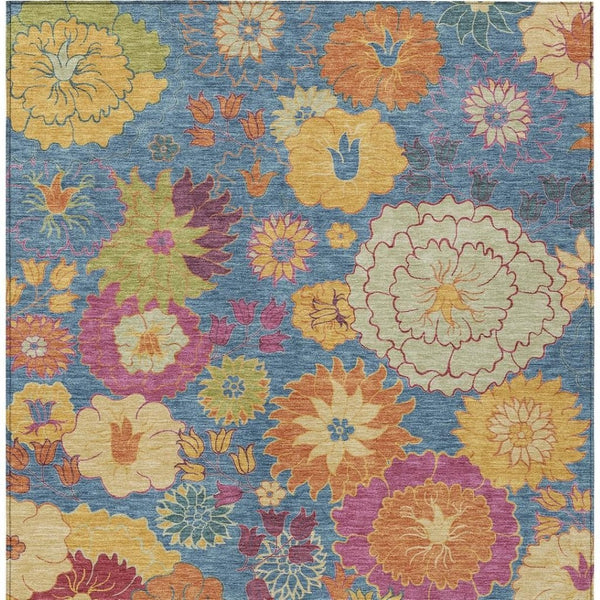 HomeRoots 9' Floral Area Rug in Blue, Gold & Pink - Washable, Heavy-Duty Indoor/Outdoor Design for Versatile Use 658055