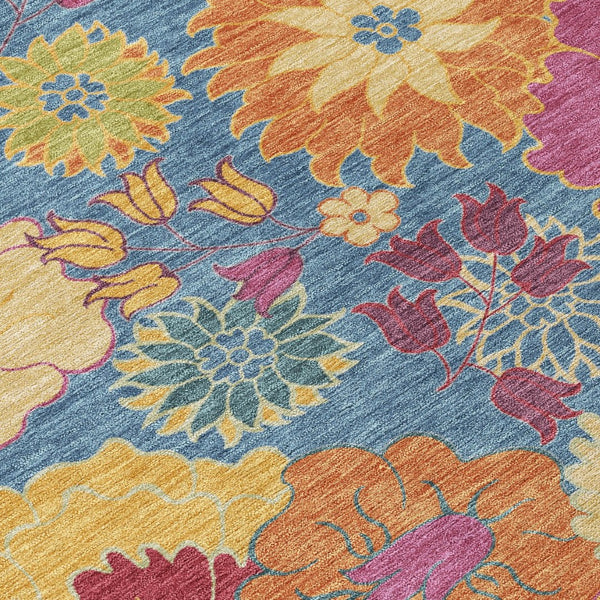 HomeRoots 9' Floral Area Rug in Blue, Gold & Pink - Washable, Heavy-Duty Indoor/Outdoor Design for Versatile Use 658055