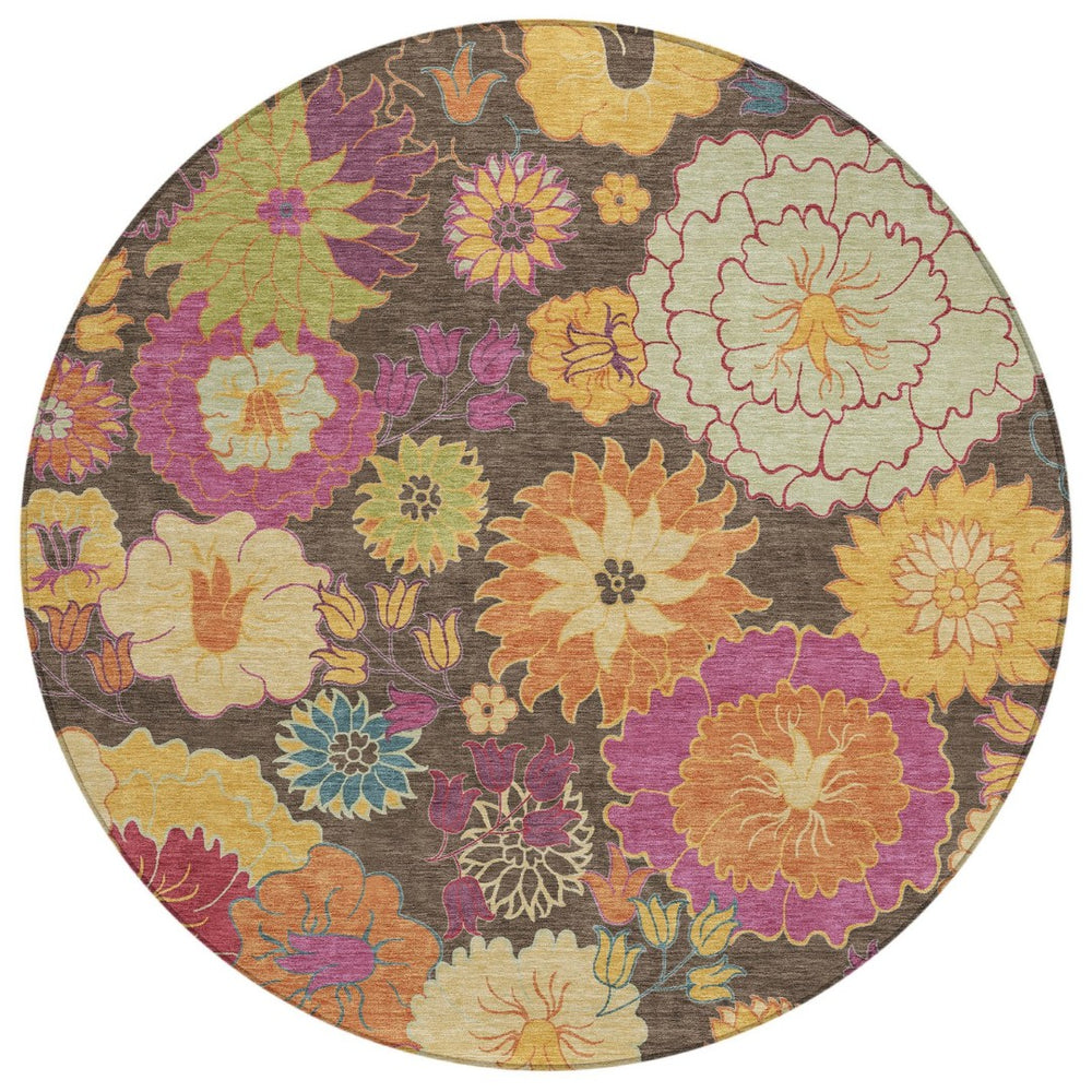 HomeRoots 8' Beautiful Chocolate, Gold & Pink Round Floral Rug - Washable, Durable for Indoor & Outdoor Use 658059
