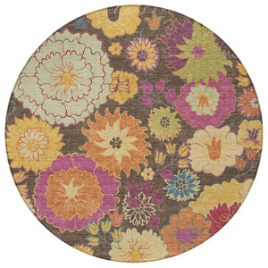HomeRoots 8' Beautiful Chocolate, Gold & Pink Round Floral Rug - Washable, Durable for Indoor & Outdoor Use 658059