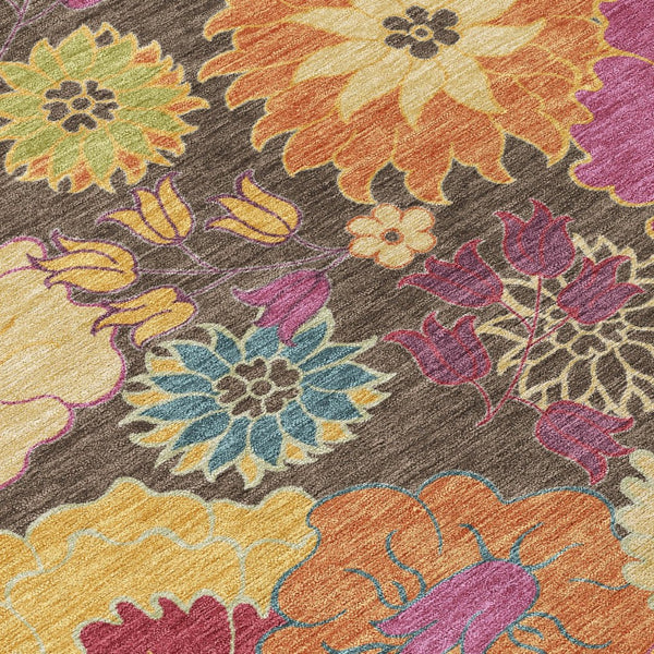 HomeRoots 8' Beautiful Chocolate, Gold & Pink Round Floral Rug - Washable, Durable for Indoor & Outdoor Use 658059