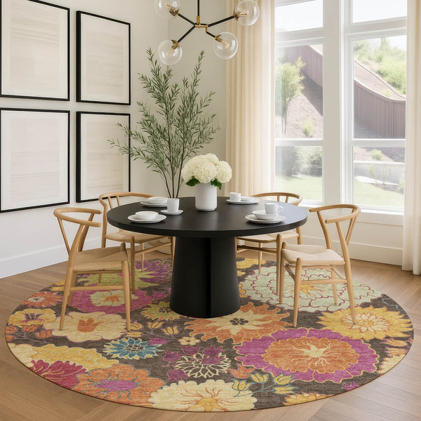 HomeRoots 8' Beautiful Chocolate, Gold & Pink Round Floral Rug - Washable, Durable for Indoor & Outdoor Use 658059