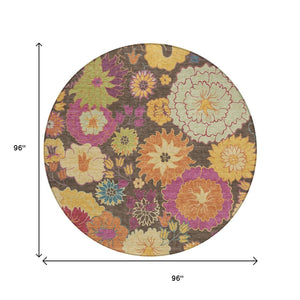 HomeRoots 8' Beautiful Chocolate, Gold & Pink Round Floral Rug - Washable, Durable for Indoor & Outdoor Use 658059
