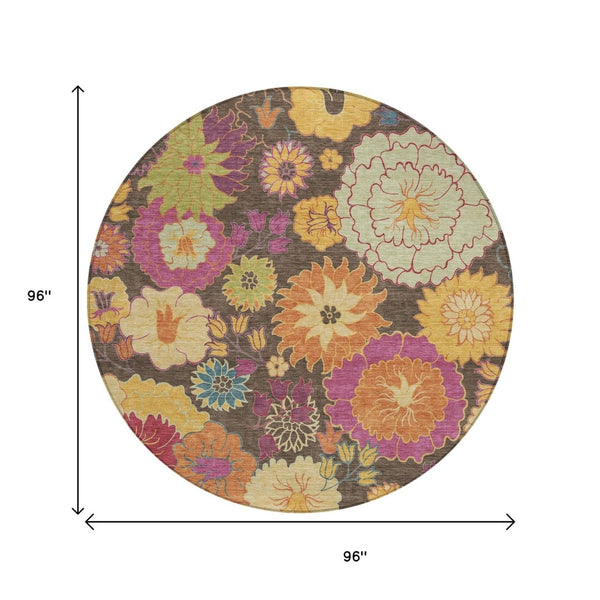 HomeRoots 8' Beautiful Chocolate, Gold & Pink Round Floral Rug - Washable, Durable for Indoor & Outdoor Use 658059